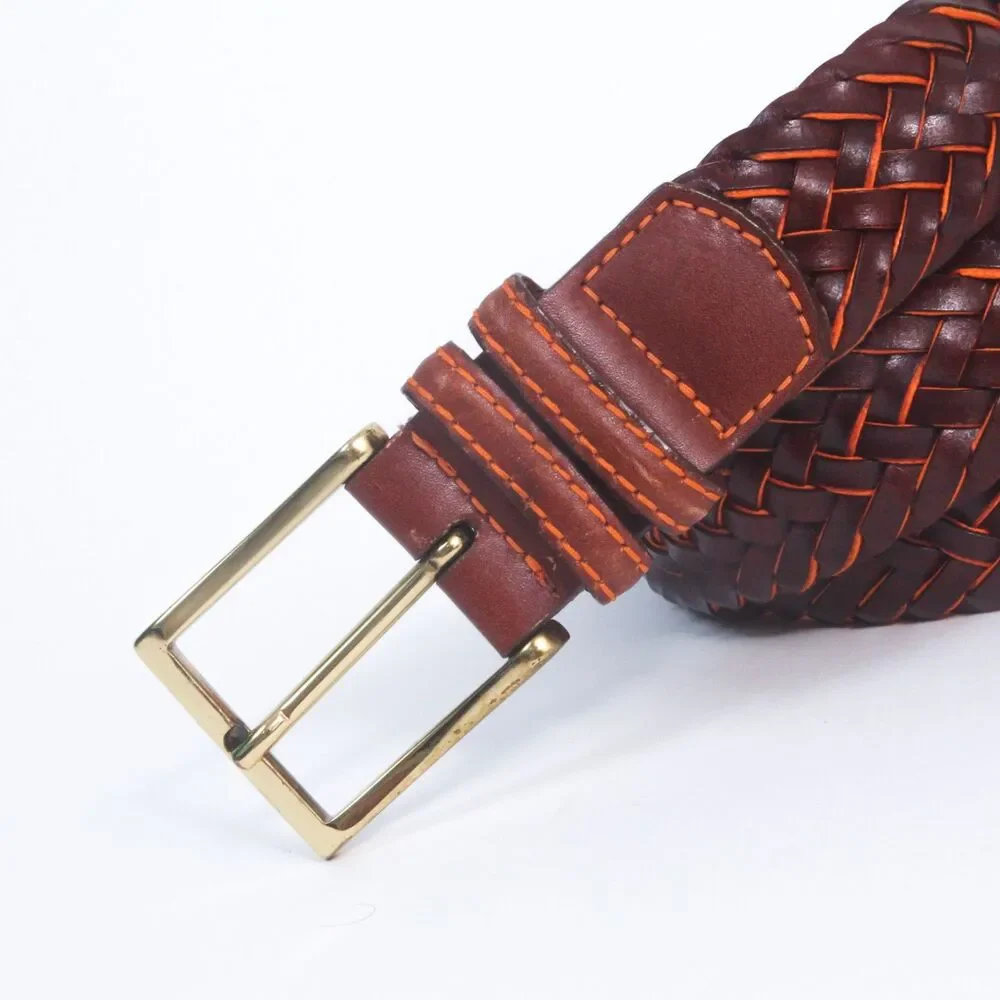 Barneys New York Mens Size 36 Woven Braided Leather Belt Brown Solid Brass Italy